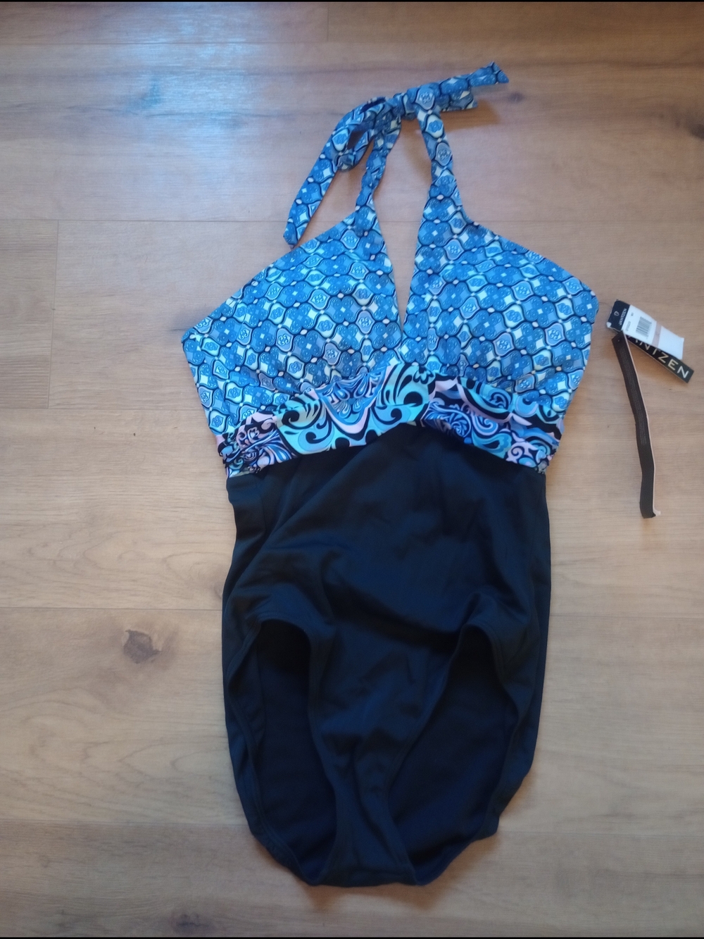 NWT Jantzen Blue Patterned Halter One-Piece Swimsuit with Black Bottom Size 12